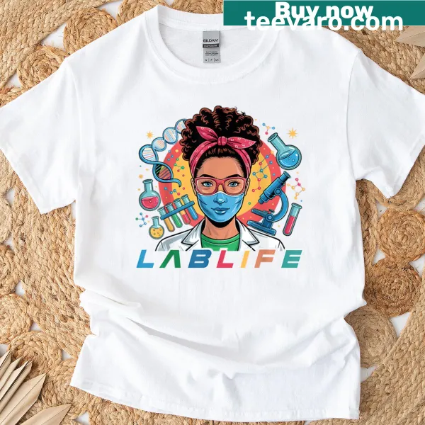 Playful illustration of a person with an afro in a lab setting