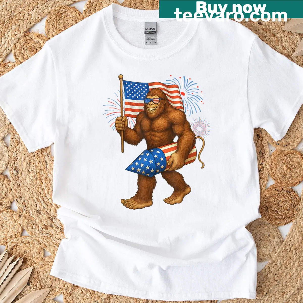 Bigfoot with fireworks and American flag for July 4th — on a men's t-shirt