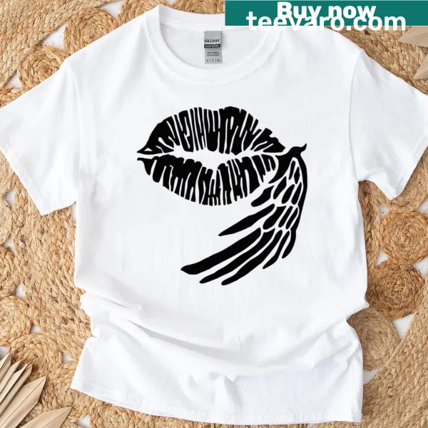 Silhouette of angel wings and lips on a delicate t-shirt