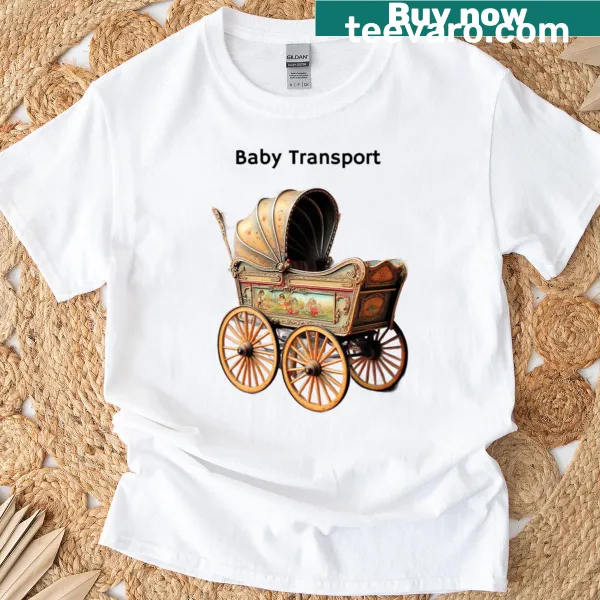 T-shirt featuring playful illustrations of various baby transport modes