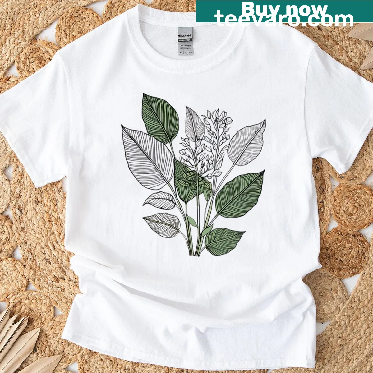 Minimalist design of banana fan leaves on a scoop T-shirt — on a men's t-shirt