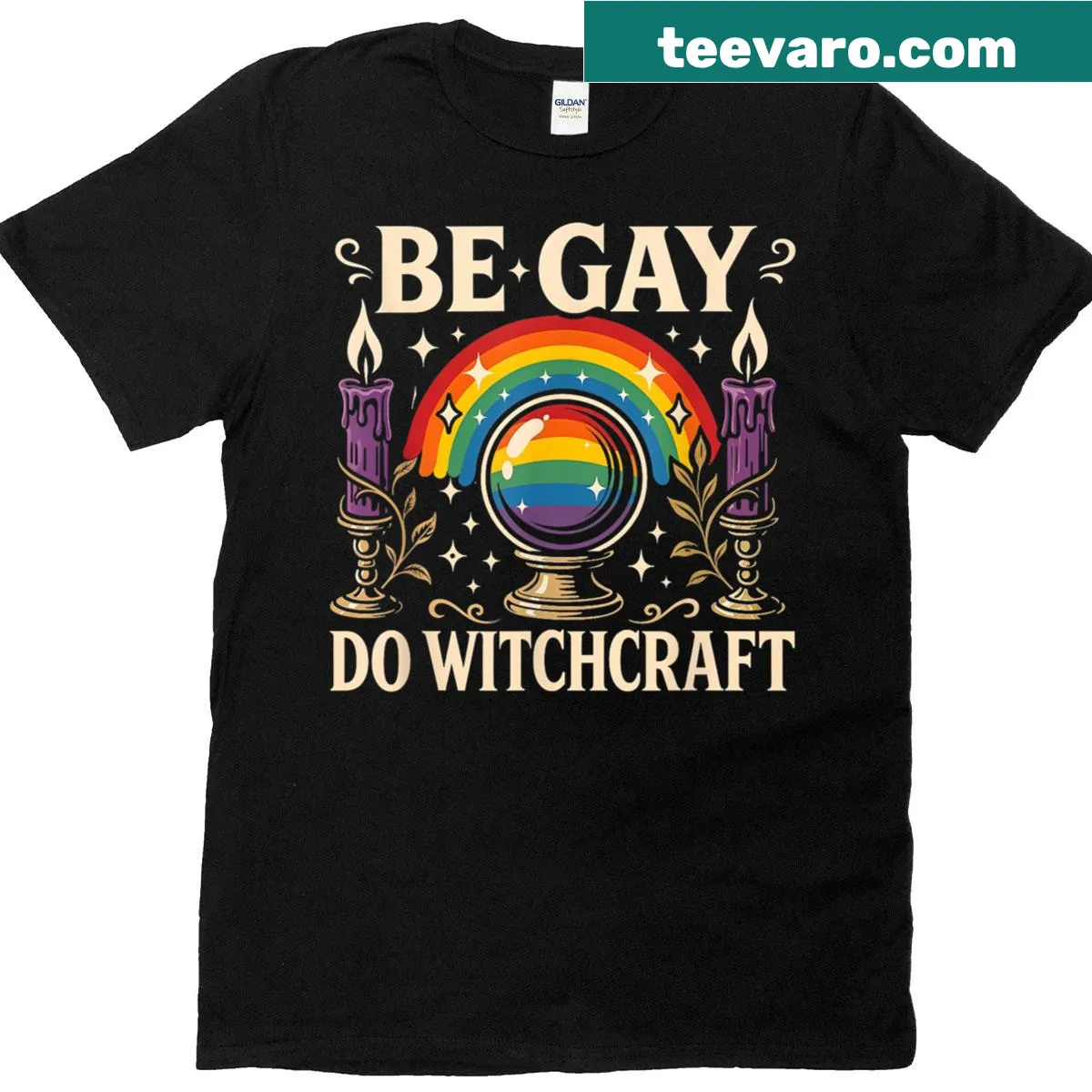 Sapphic pride t-shirt with the phrase 'Be Gay Do Witchcraft' — on a men's t-shirt