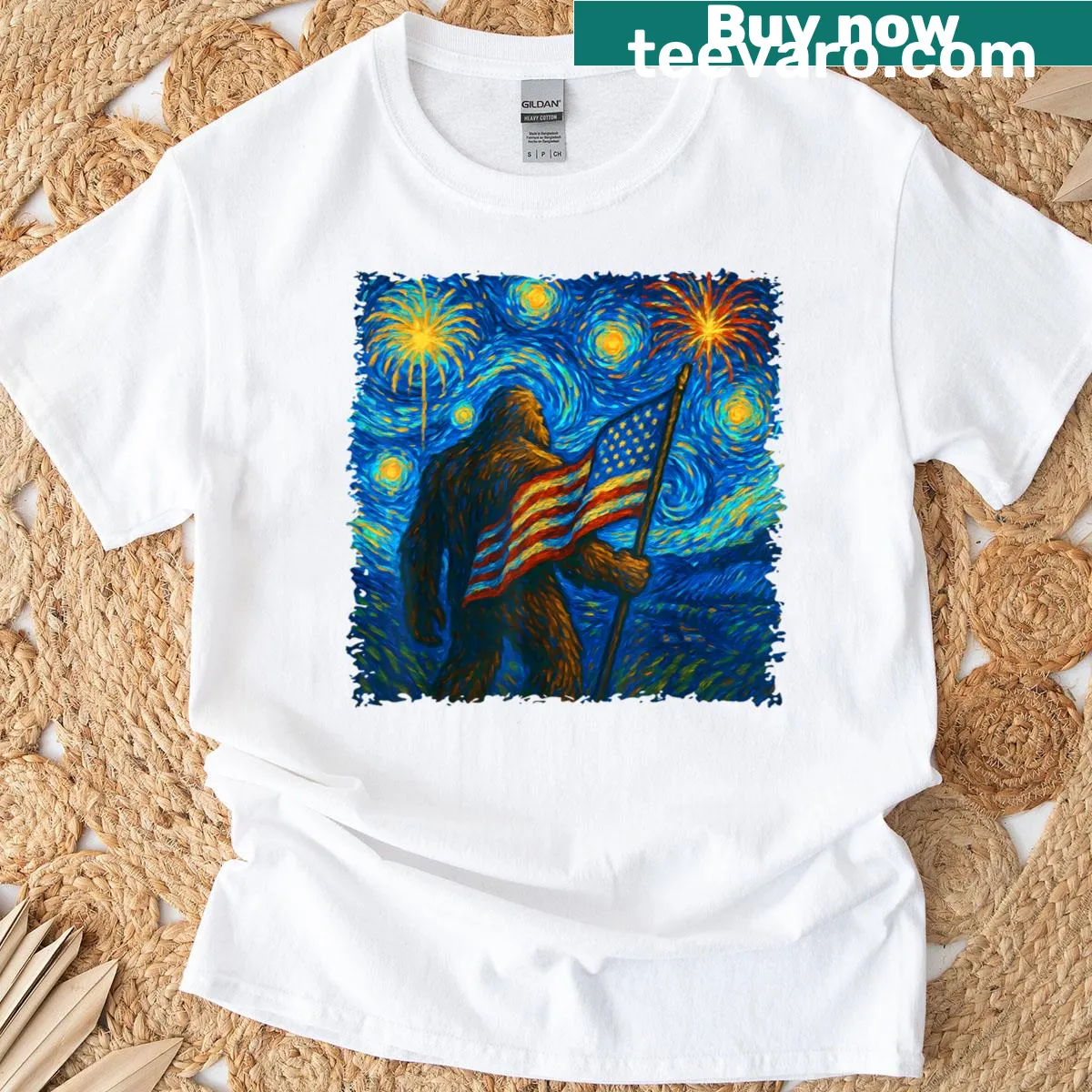 Bigfoot t-shirt with Van Gogh's Starry Night and USA flag design — on a men's t-shirt