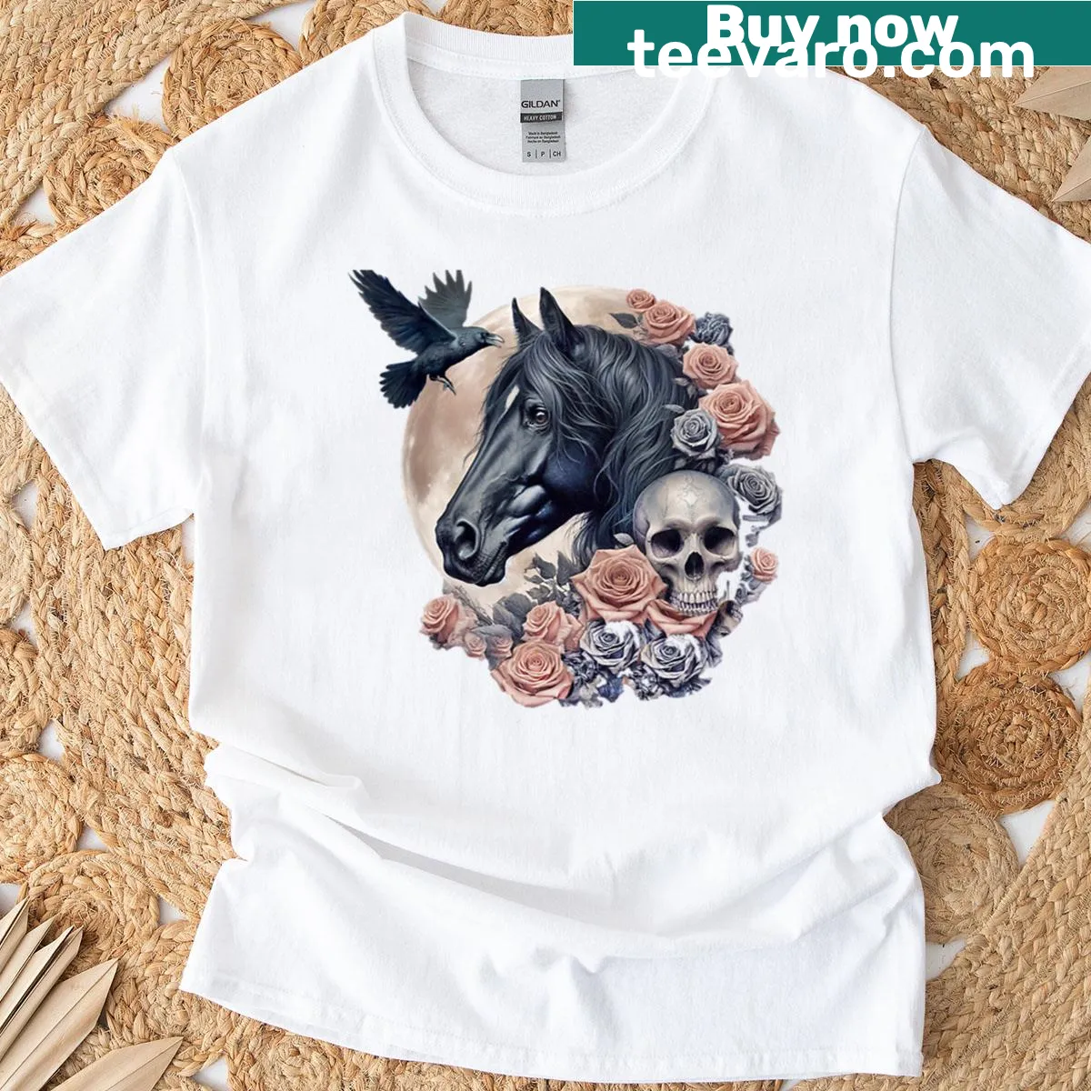 Gothic illustration of a skull, raven, and roses on a t-shirt — on a men's t-shirt
