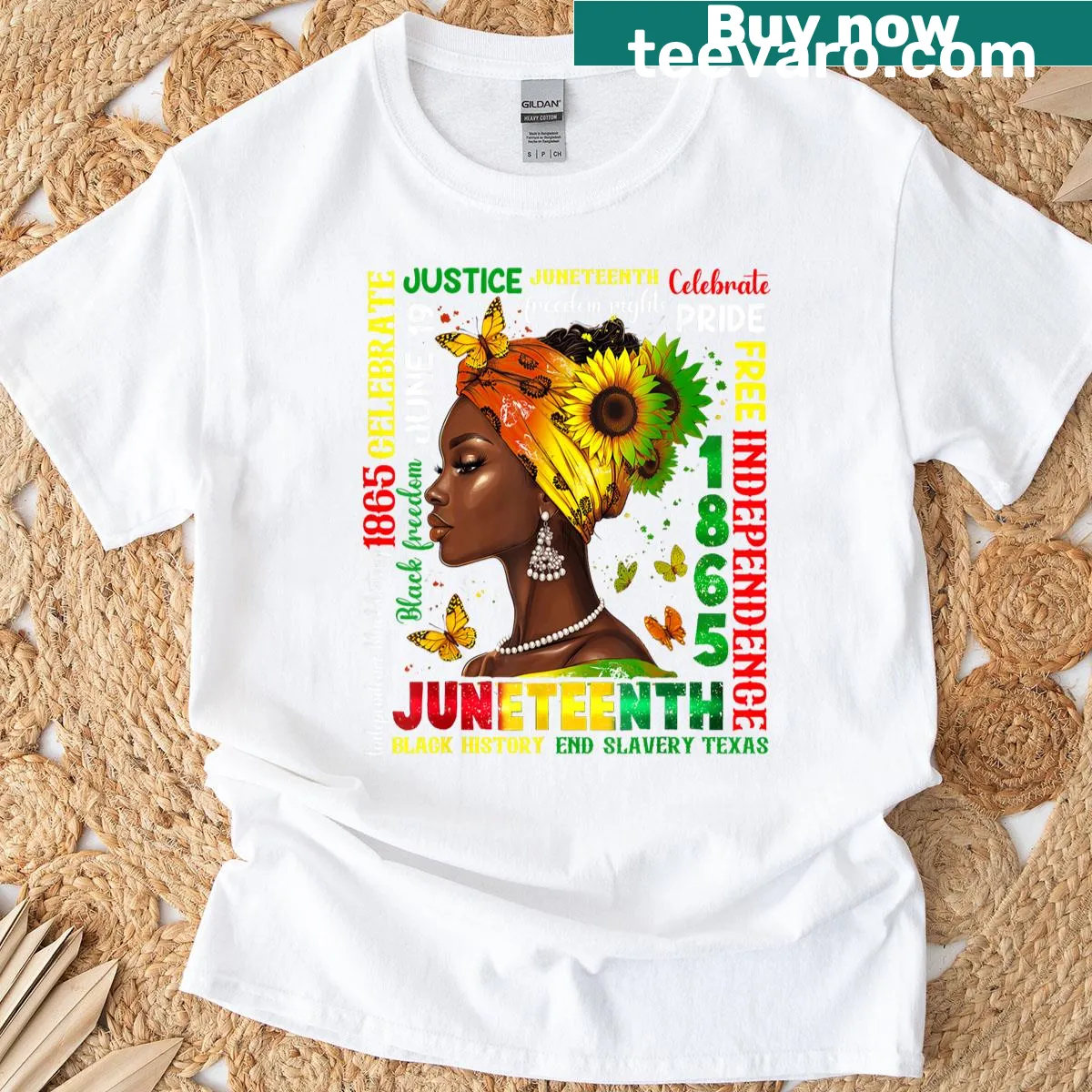 Typography graphic celebrating Juneteenth on a t-shirt — on a men's t-shirt