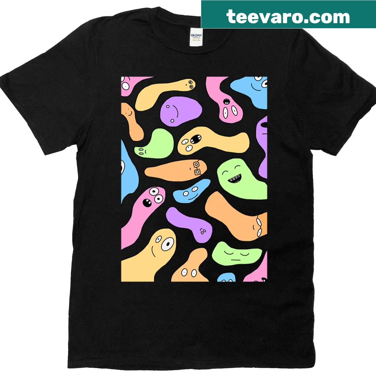 T-shirt with a playful pattern of blobs featuring faces — on a men's t-shirt