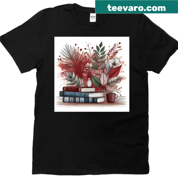 T-shirt design with books and plants illustration