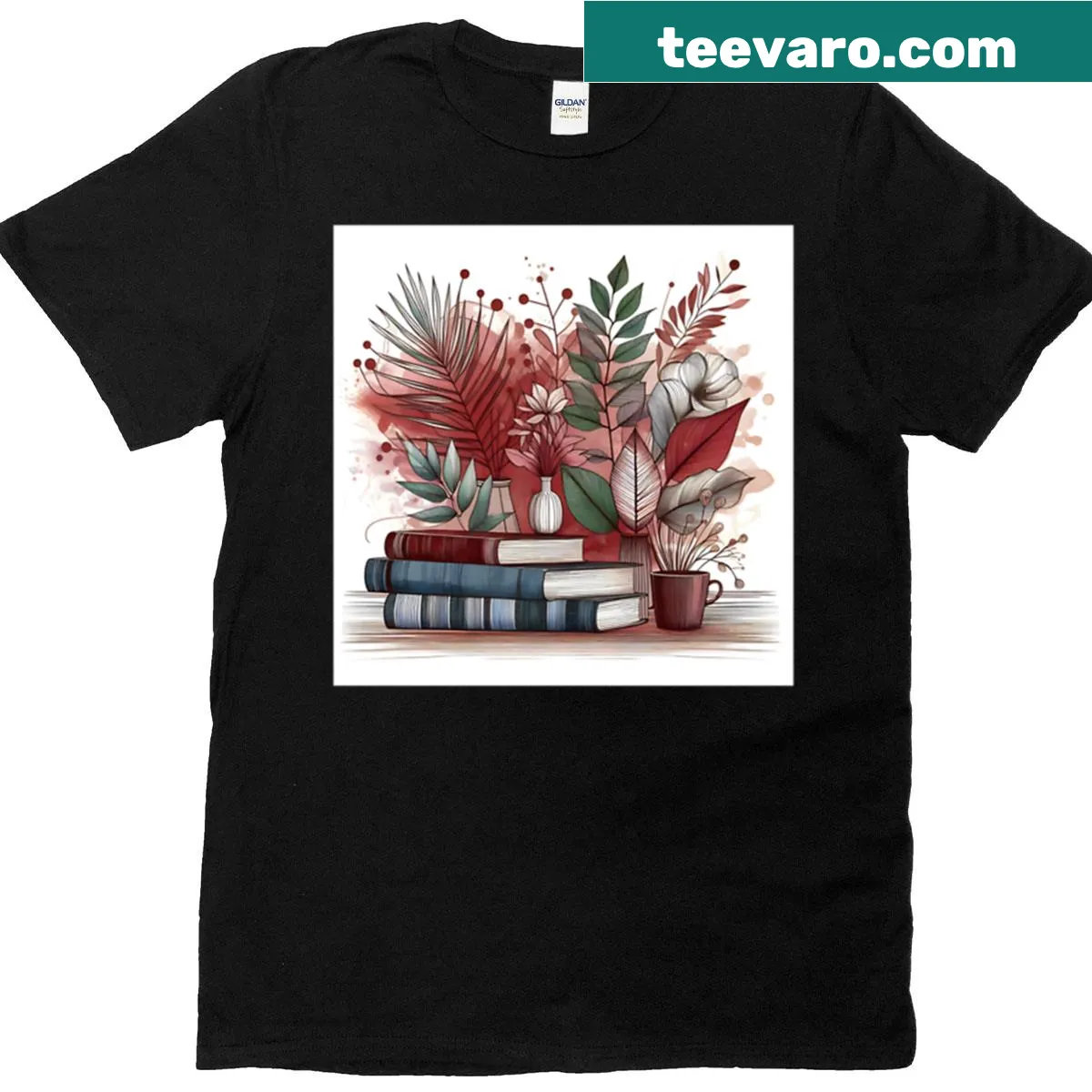T-shirt design with books and plants illustration — on a men's t-shirt