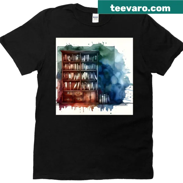 Illustrated bookshelf graphic on a T-shirt