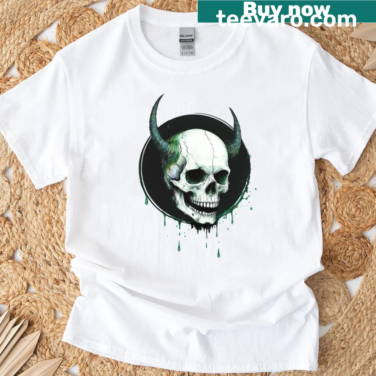 Humorous illustration featuring the phrase 'Born With Horns' on a t-shirt — on a men's t-shirt