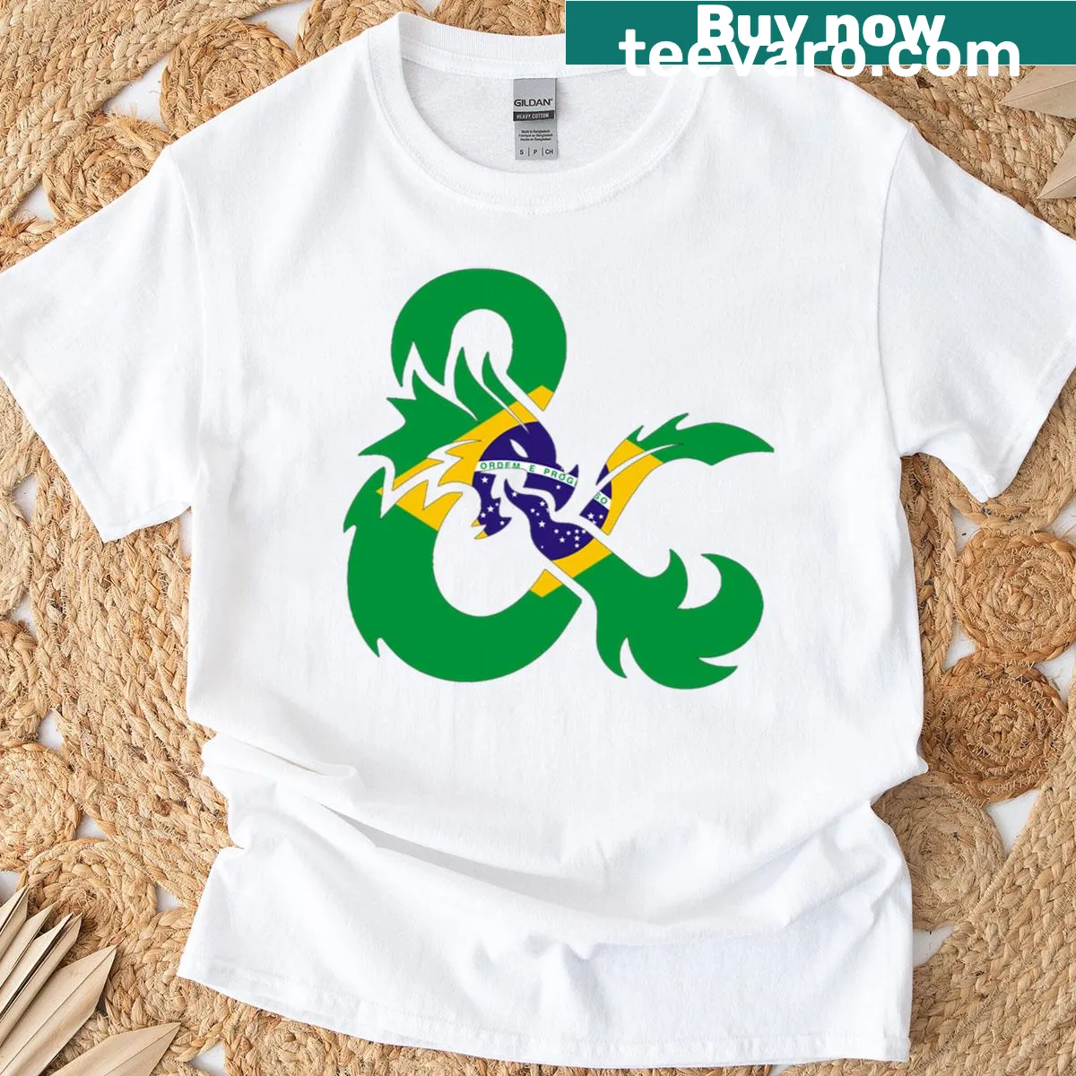 T-shirt featuring Brazilian flag design with bold ampersand — on a men's t-shirt