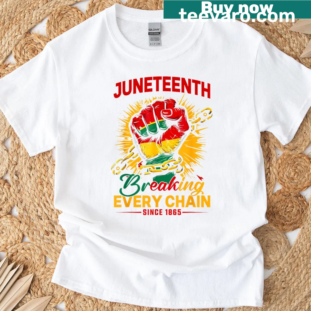 Juneteenth Freedom T-shirt with Breaking Every Chain text — on a men's t-shirt