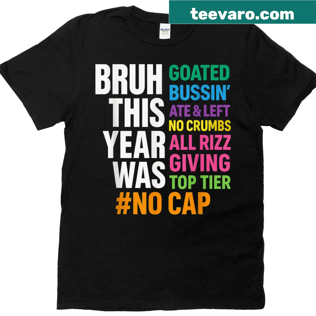 Funny T-shirt featuring the phrase 'Bruh This Year Was Goated No Cap.' — on a men's t-shirt