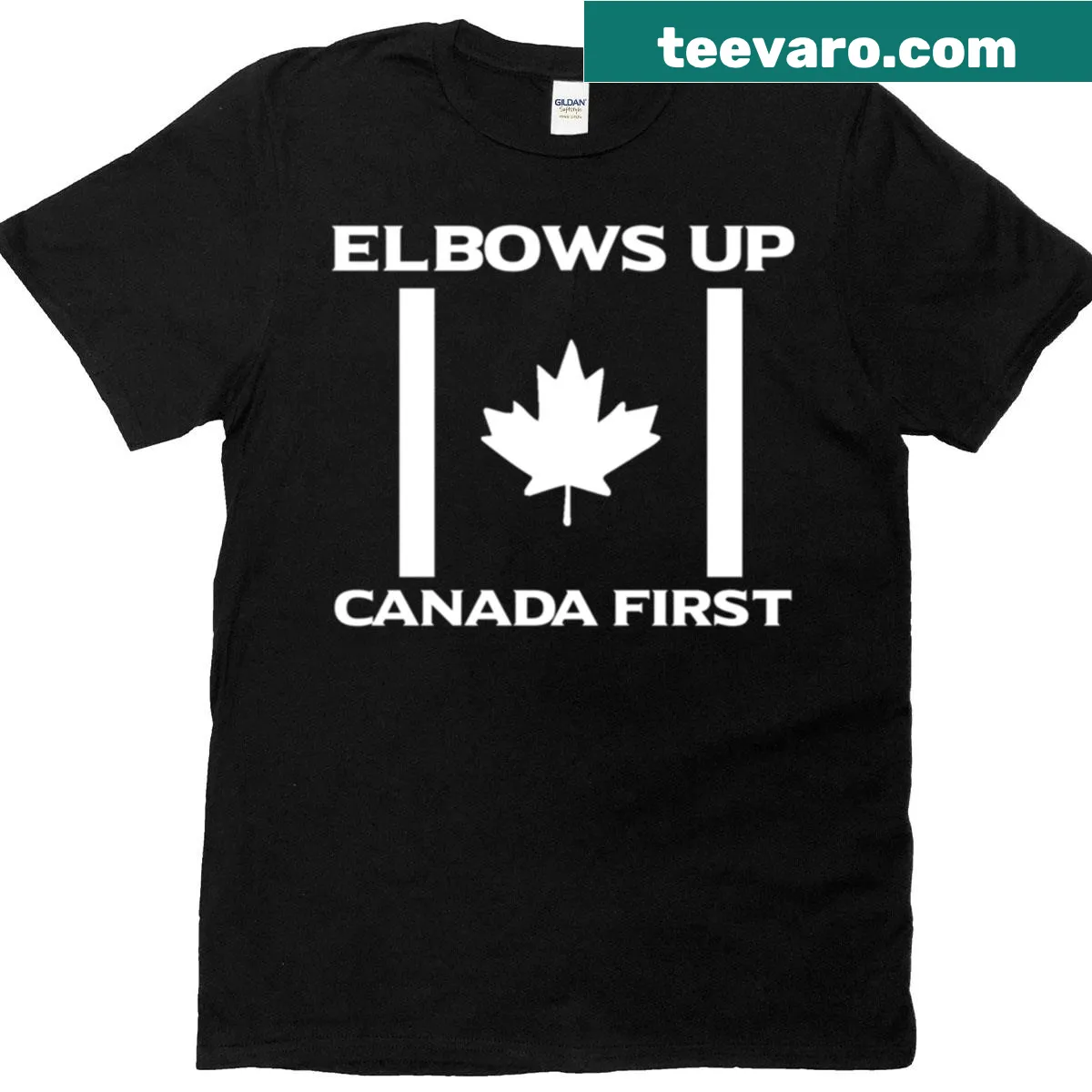 Playful 'Elbows Up' design T-shirt celebrating Canadian culture — on a men's t-shirt