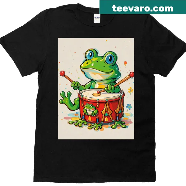 Cartoon frog drumming on a cheerful t-shirt