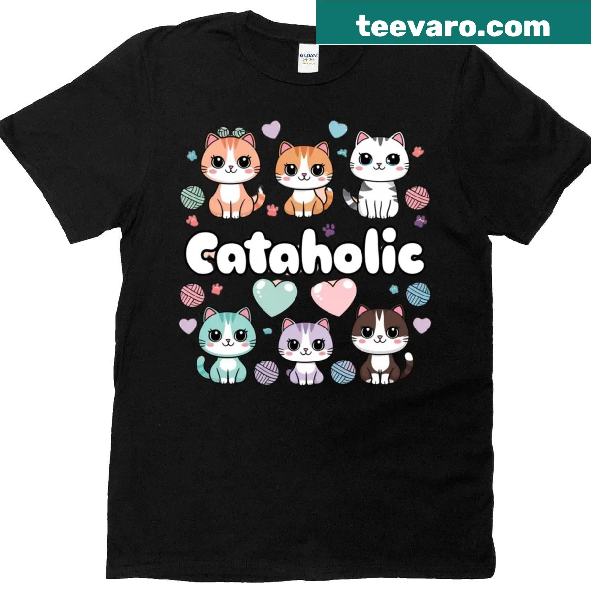 Cataholic T-shirt featuring text and paw prints for cat lovers — on a men's t-shirt