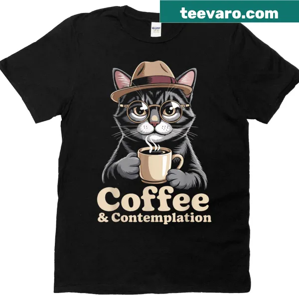Illustration of a cat with coffee elements on a T-shirt