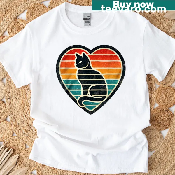 Retro-style heart design with a cat graphic on a t-shirt