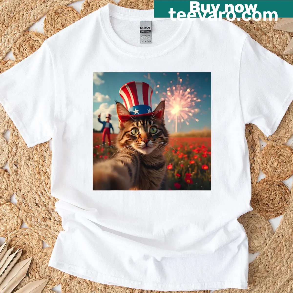T-shirt featuring a cat selfie with American flag design — on a men's t-shirt