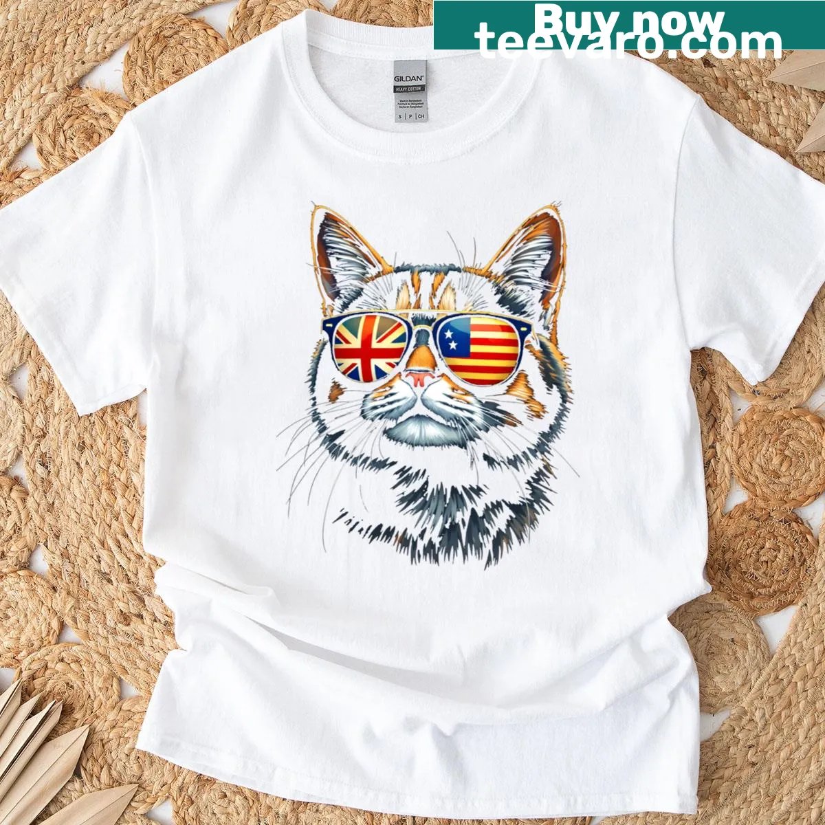 Cartoon cat wearing sunglasses with UK and USA themes — on a men's t-shirt