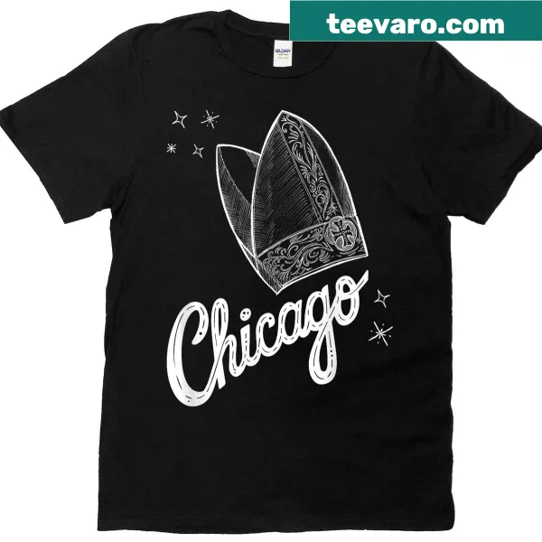 Illustration of Pope Leo XIV on a Chicago-themed t-shirt