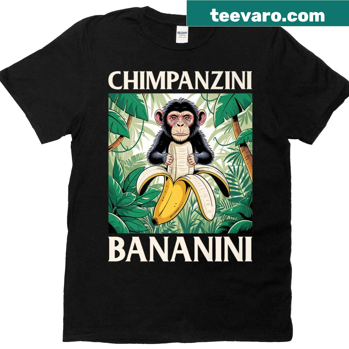 Cartoon-style 'Chimpanzini Bananini' meme graphic t-shirt — on a men's t-shirt