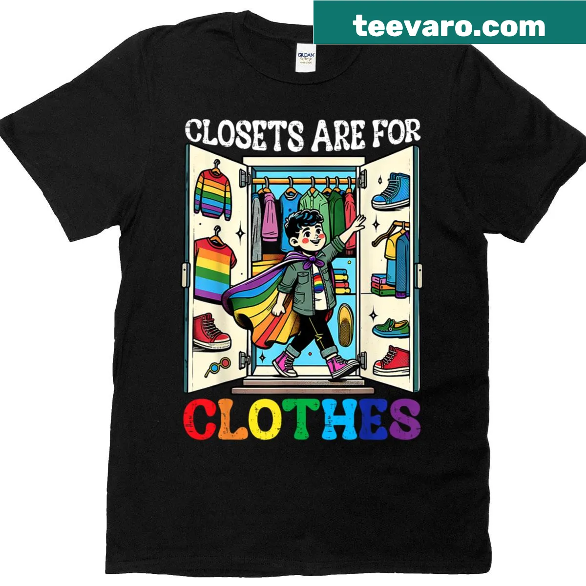 LGBTQ pride t-shirt with rainbow flag and 'Closets Are For Clothes' text — on a men's t-shirt