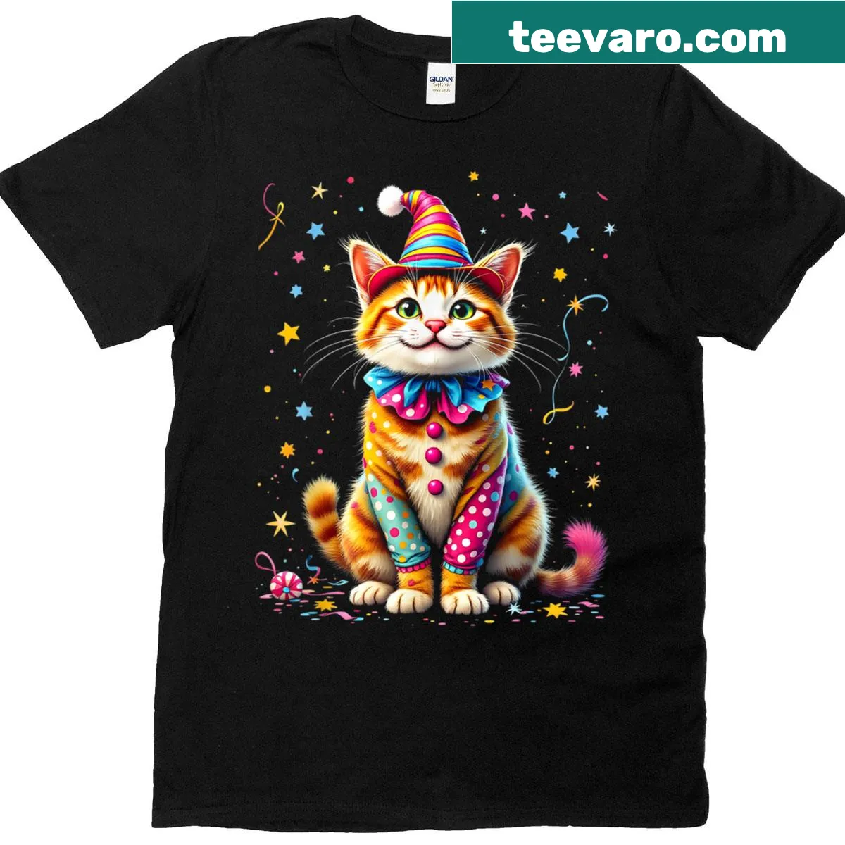 T-shirt with a playful motif of colorful cats — on a men's t-shirt