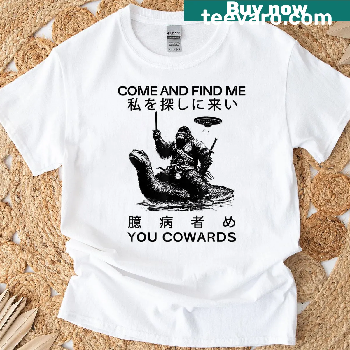 Japanese cryptid t-shirt with humorous text about finding cowards. — on a men's t-shirt