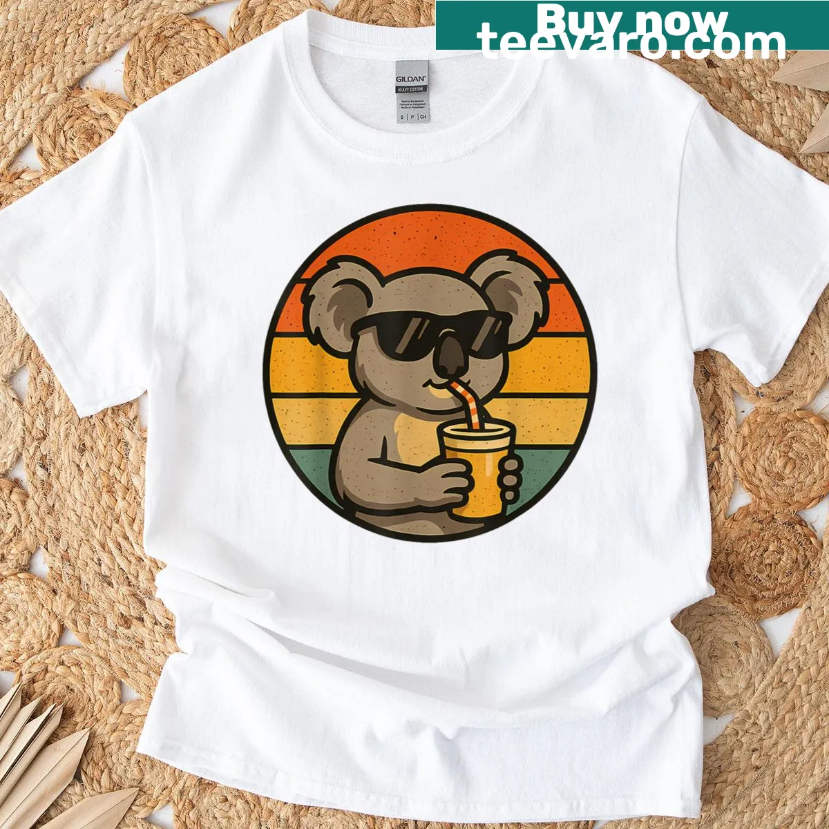 Funny T-shirt featuring a cool koala sipping a drink in a retro style. — on a men's t-shirt