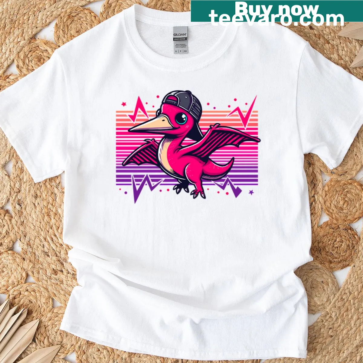 Cartoon pterodactyl wearing a backwards cap — on a men's t-shirt