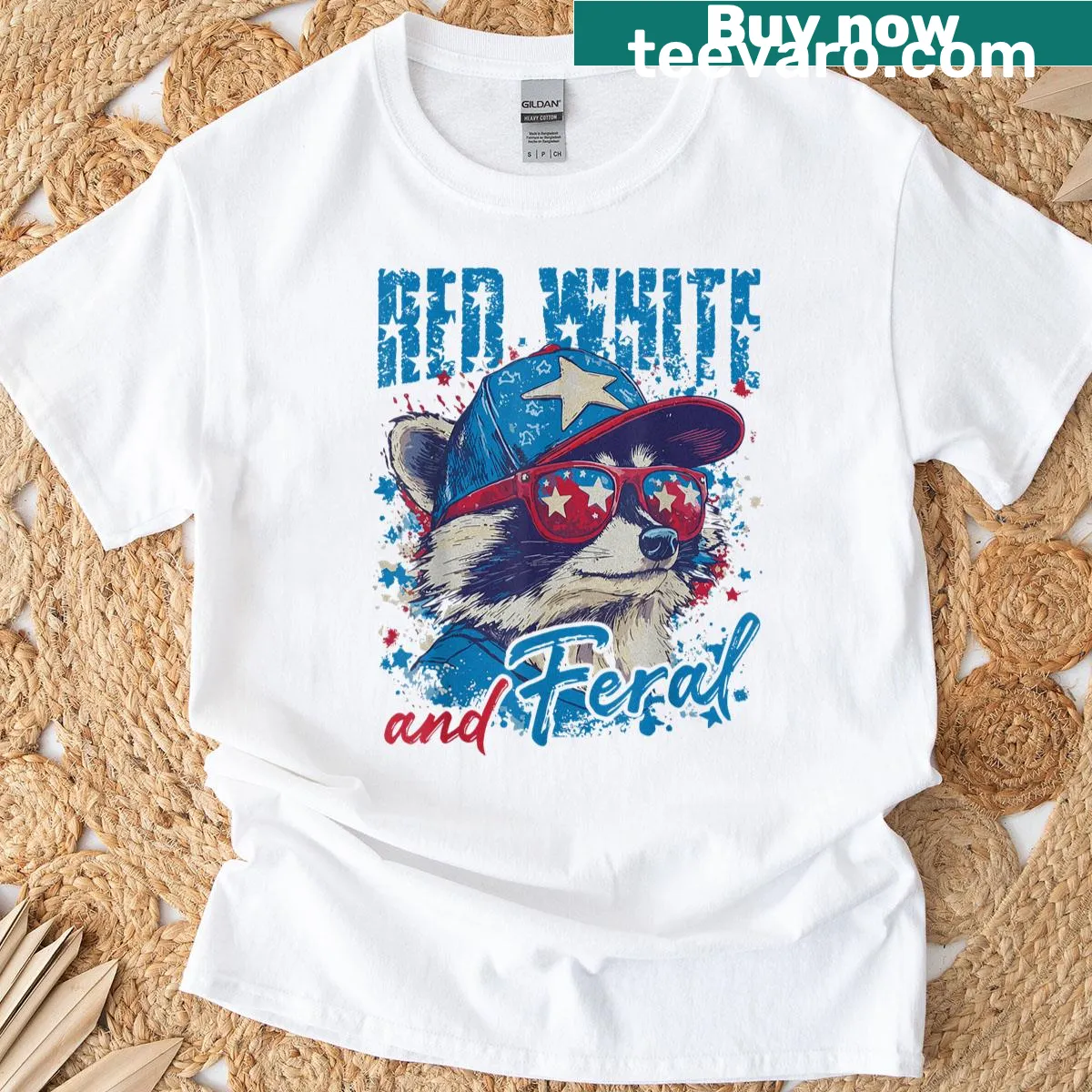 Retro raccoon in patriotic colors on a t-shirt — on a men's t-shirt
