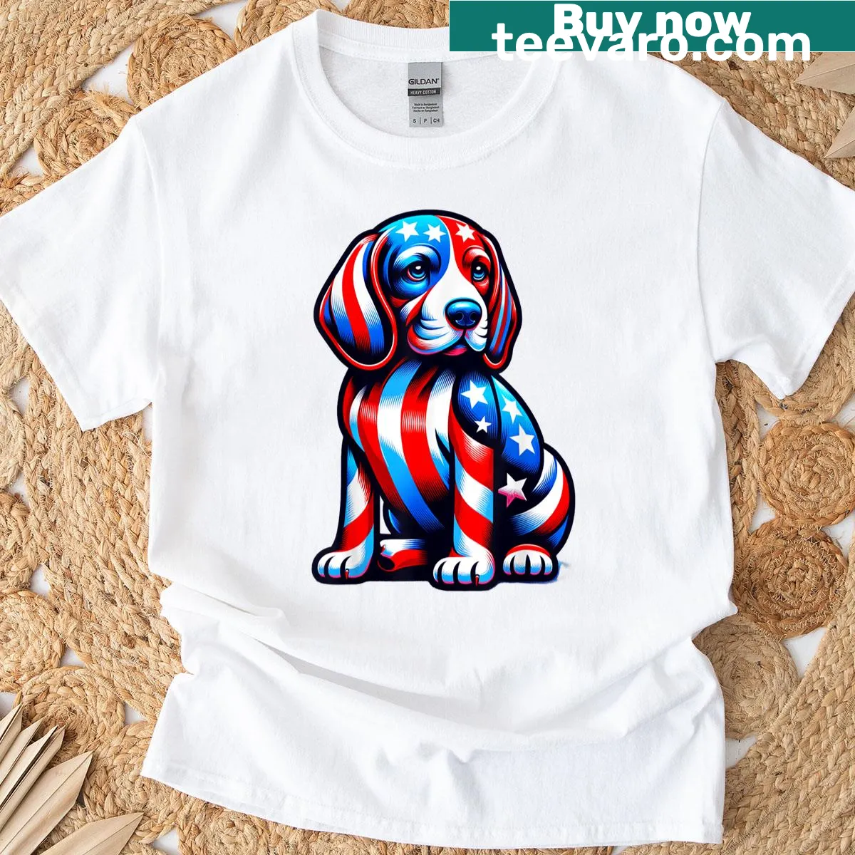 Cute beagle dog with USA flag illustration — on a men's t-shirt