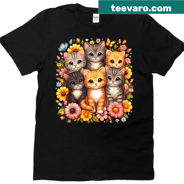 Cute kittens surrounded by floral elements on a T-shirt