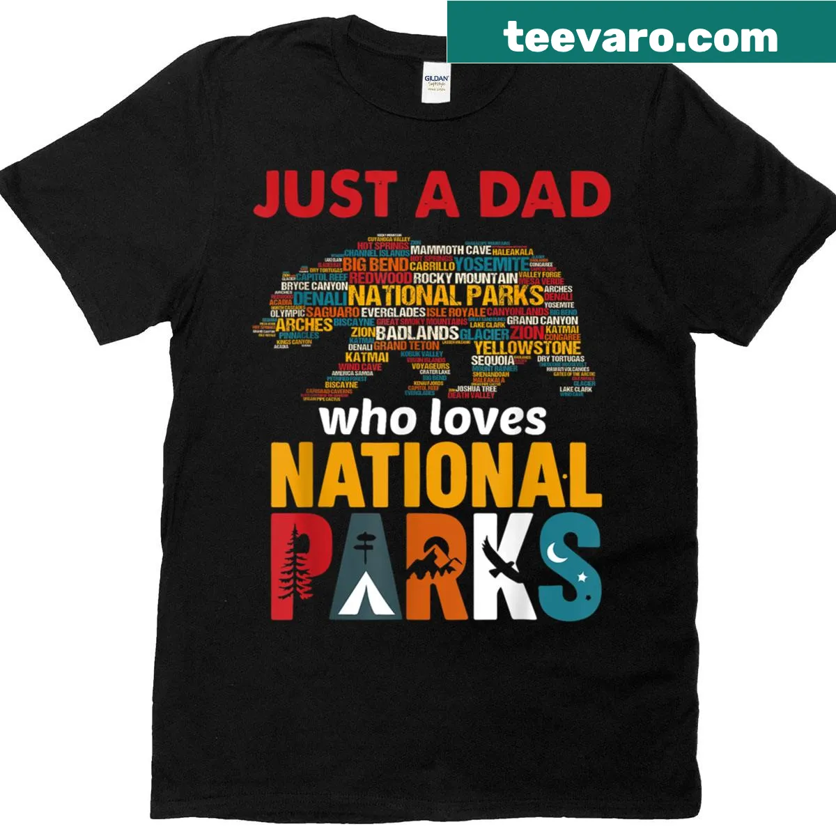 Nostalgic Dad t-shirt celebrating love for national parks with typography — on a men's t-shirt