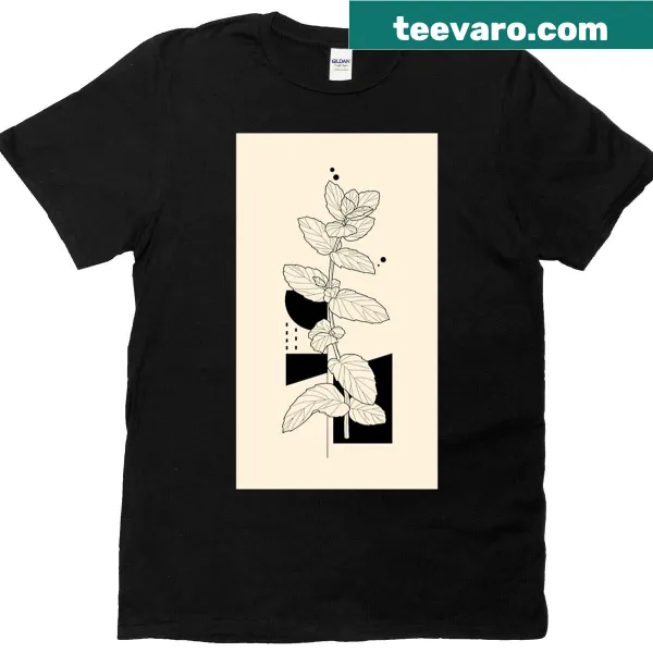Botanical mint plant illustration with geometric shapes on a t-shirt