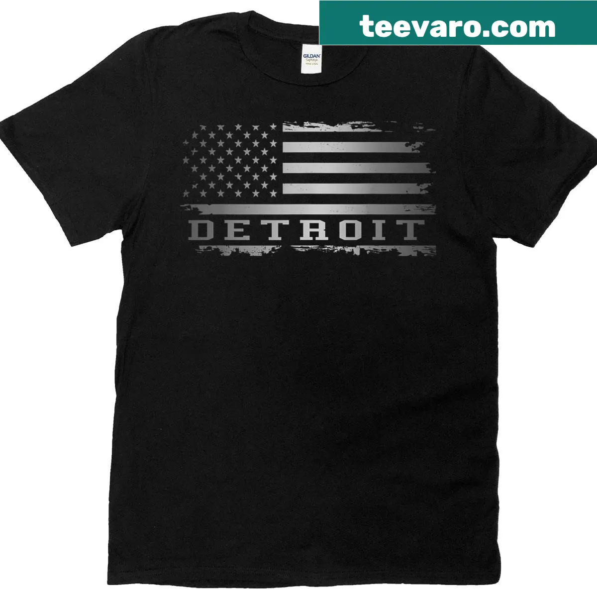 Patriotic Detroit t-shirt featuring American flag and local pride design — on a men's t-shirt