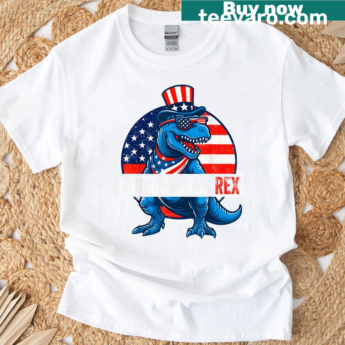 Playful T-shirt featuring a dinosaur celebrating the Fourth of July. — on a men's t-shirt