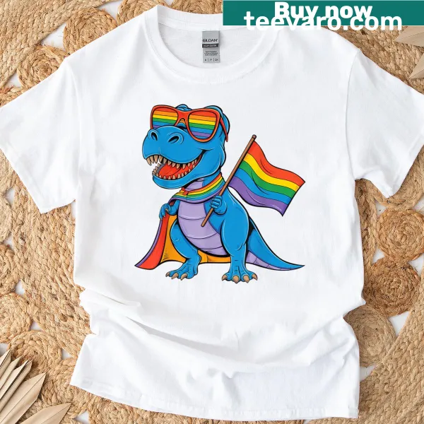 Colorful dinosaur T-shirt featuring a rainbow flag for LGBTQ+ pride