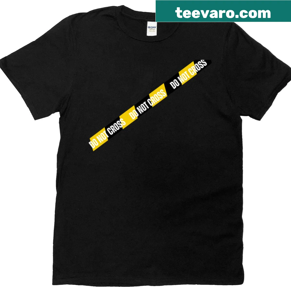 T-shirt featuring bold 'Do Not Cross' police tape design — on a men's t-shirt