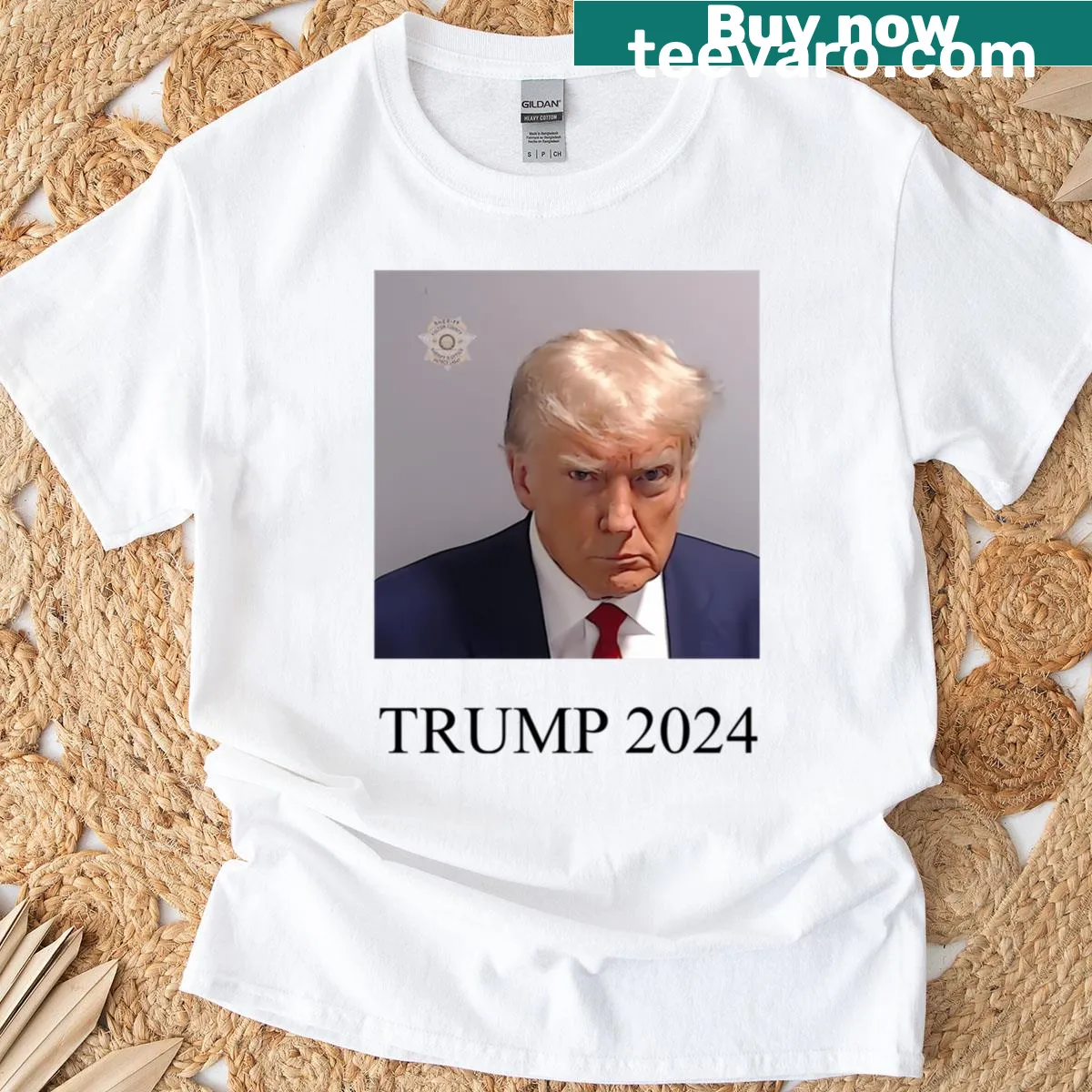 Donald Trump Mugshot 2024 T-shirt with bold text and graphic — on a men's t-shirt