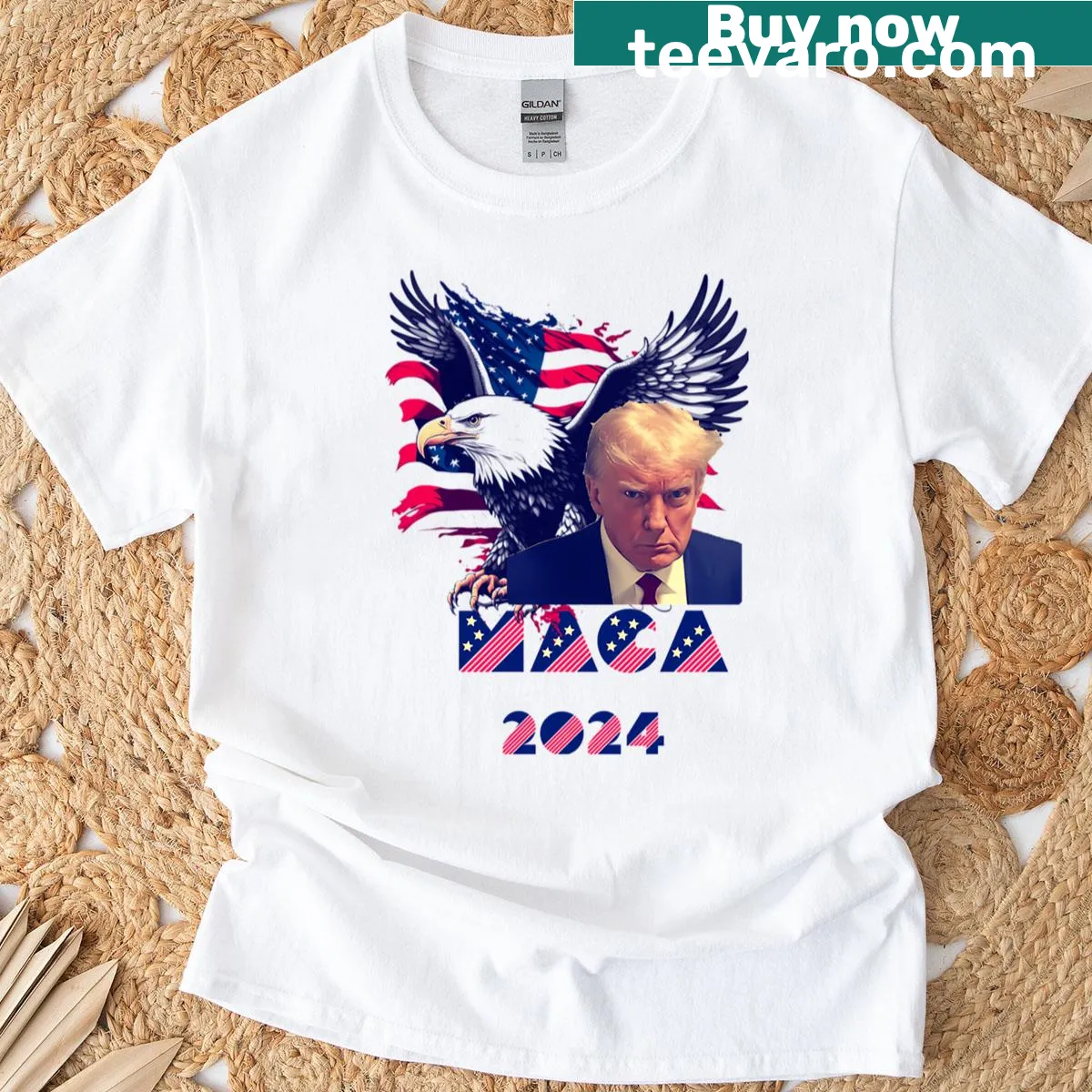 Patriotic T-shirt featuring Donald Trump's mugshot graphic. — on a men's t-shirt