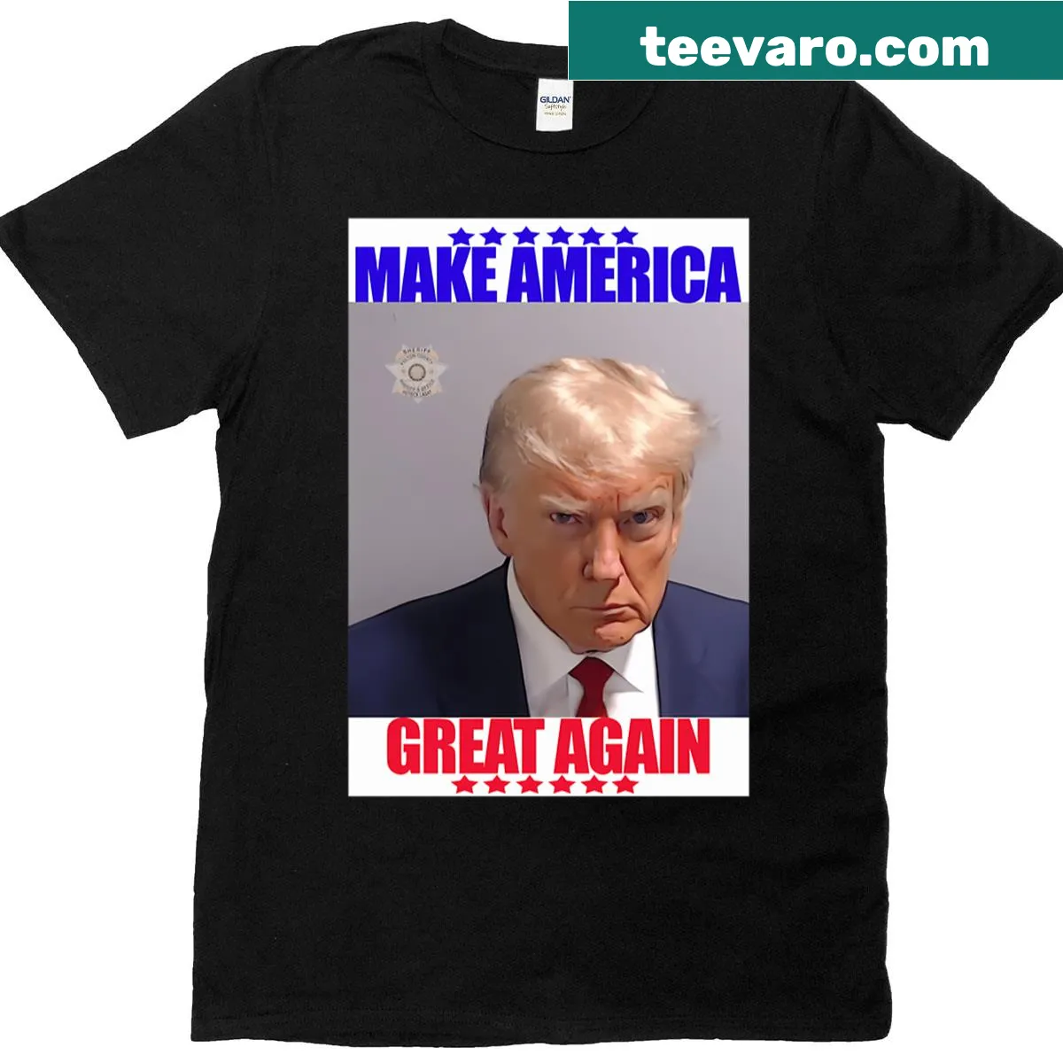 Donald Trump mugshot graphic with 'Make America Great Again' text — on a men's t-shirt