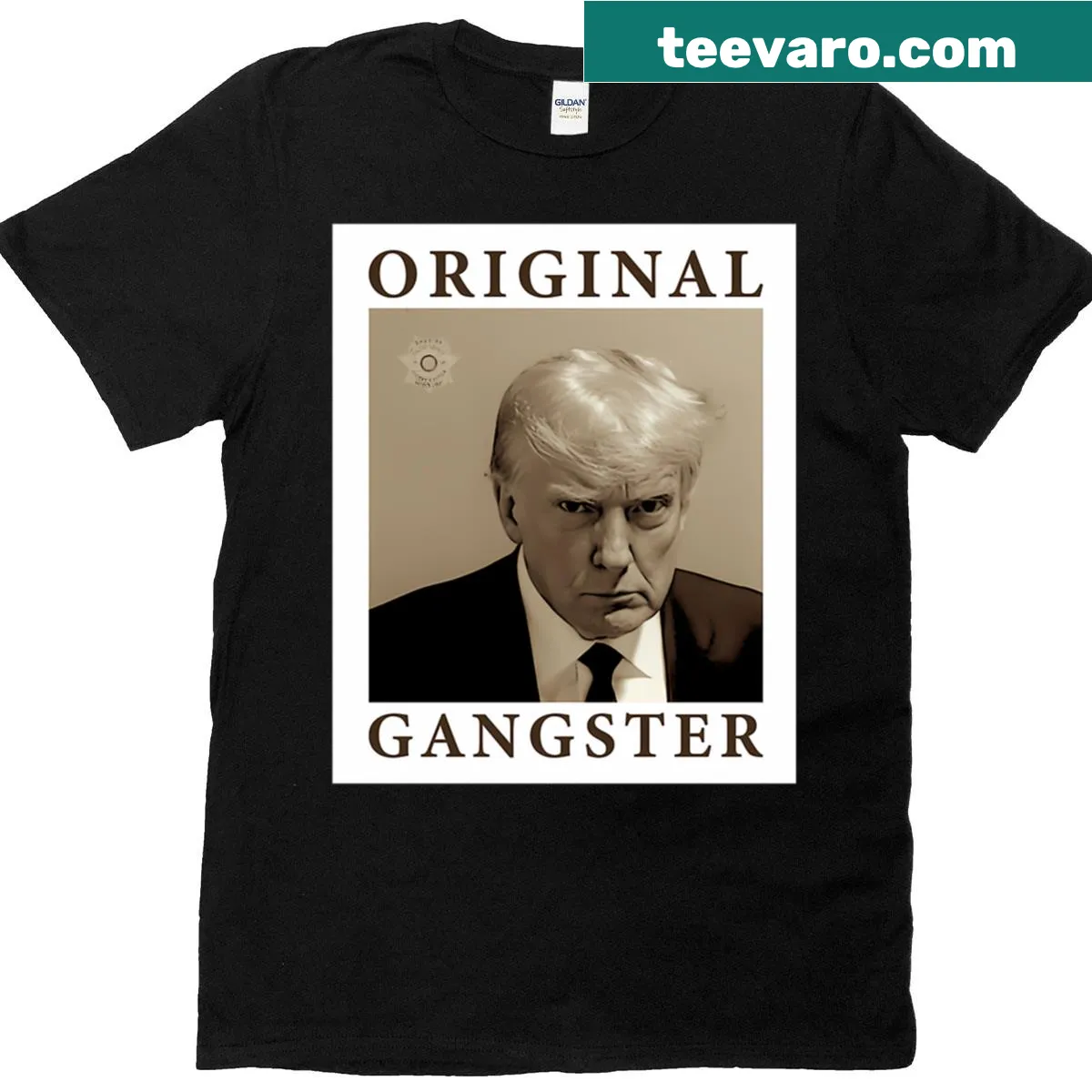 Vintage t-shirt featuring Donald Trump's mugshot and text 'OG Original Gangster' — on a men's t-shirt