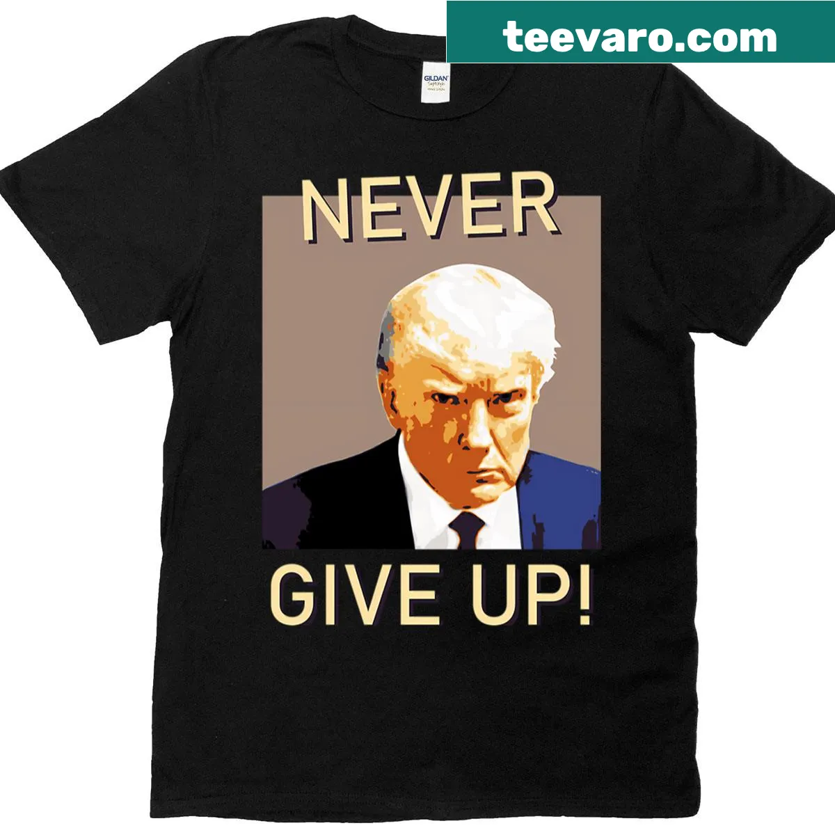 T-shirt with Donald Trump graphic and 'Never Give Up' text — on a men's t-shirt