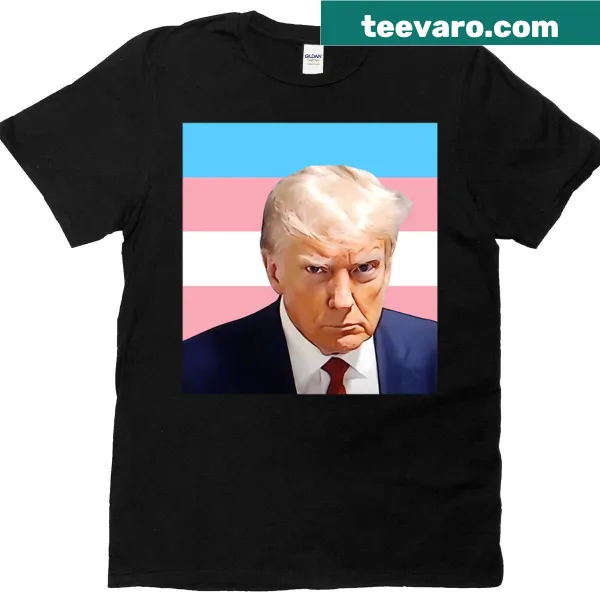 Donald Trump mugshot with trans pride flag design on a t-shirt