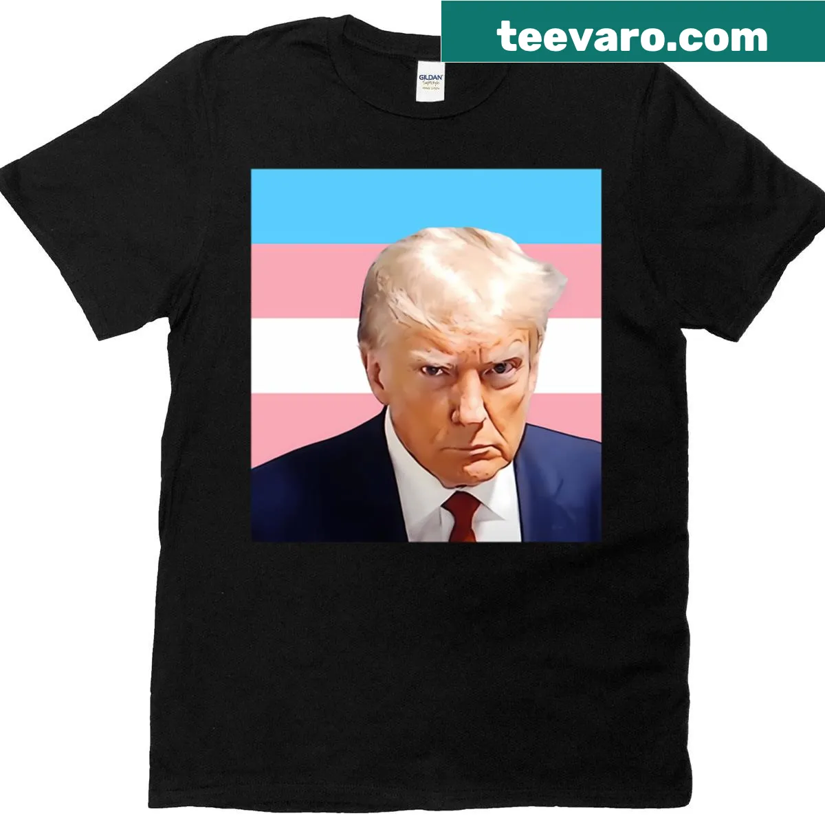Donald Trump mugshot with trans pride flag design on a t-shirt — on a men's t-shirt