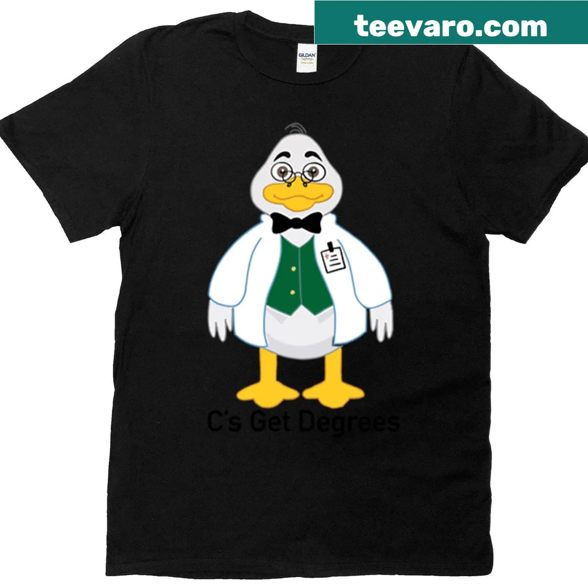 Oversized t-shirt with humorous 'Dr. Quack Cs Get Degrees' text — on a men's t-shirt