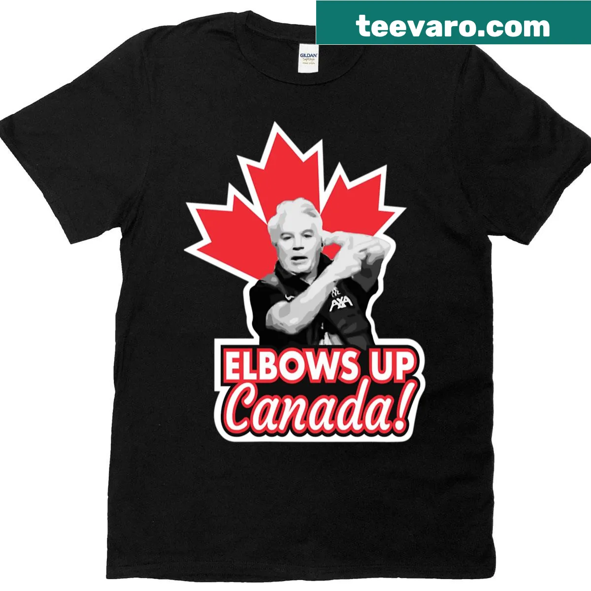 Canada 2025 t-shirt featuring the phrase 'Elbows Up' — on a men's t-shirt