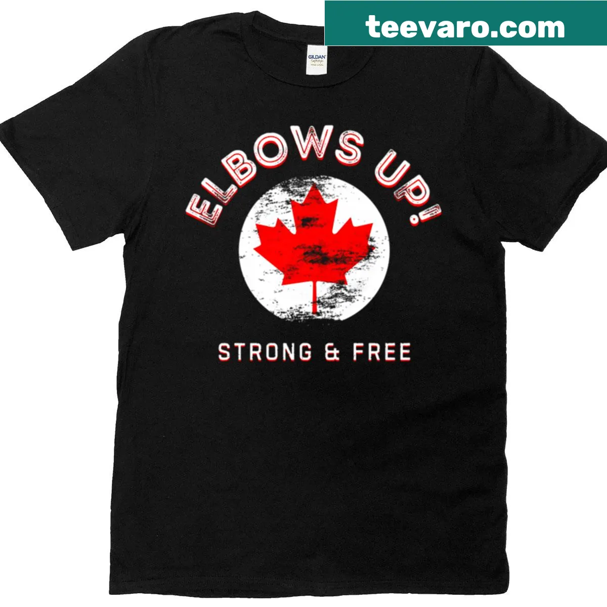 Vintage distressed Canadian Pride T-shirt with Elbows Up text — on a men's t-shirt